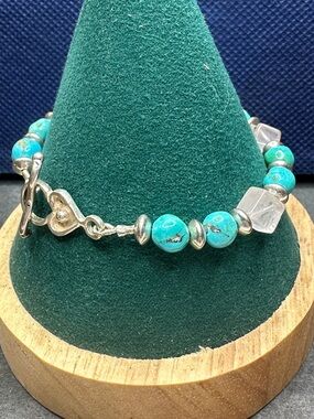 Saki Designer Sterling Silver Turquoise and Rose Quartz Heart Toggle Bracelet